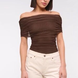 Abercrombie Mesh Foldover Bodysuit Off Shoulder Brown XS